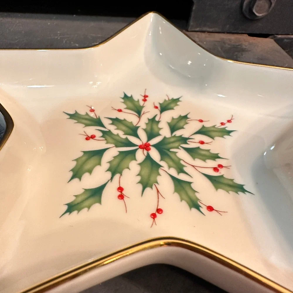 Lenox Holiday Star Bowl Dimension Collection Ivory Gold Holly Berry China 7in